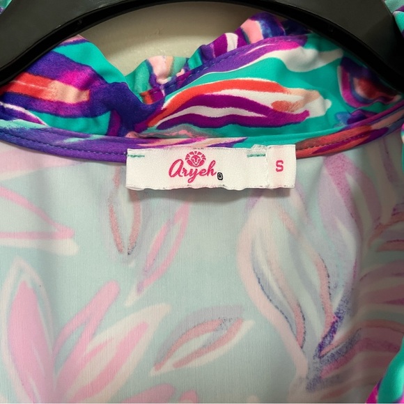 Aryeh Tropical Print Ruffle Neckline Sleeveless UPF +50 Sleeveless Dress, S - Picture 3 of 8